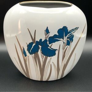 80s Otagiri Vase Royal Iris Soft Grey Ceramic Retro Blue Gold Floral Post Modern